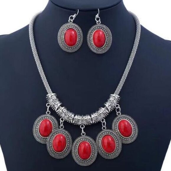 Red Gemstone Necklace and Earring Set - Picture 1 of 2